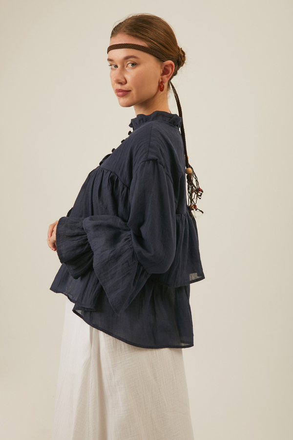 Ruffled Voile Blouse Navy Blue - 7