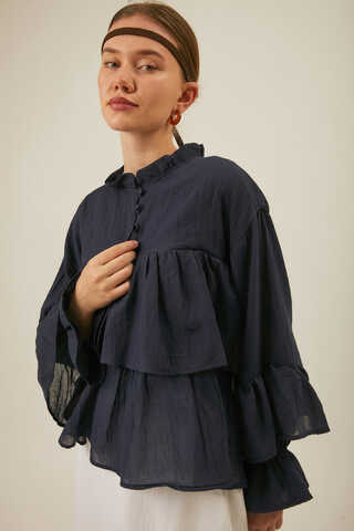 Ruffled Voile Blouse Navy Blue - 9