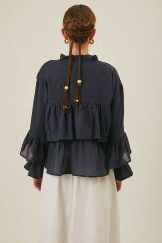 Ruffled Voile Blouse Navy Blue - 10