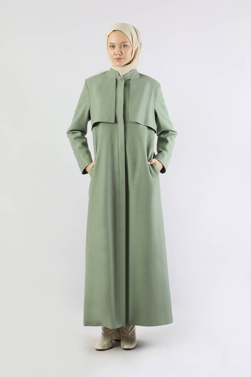 Rüzgarlık Detaylı Taşlı Kaban Mint