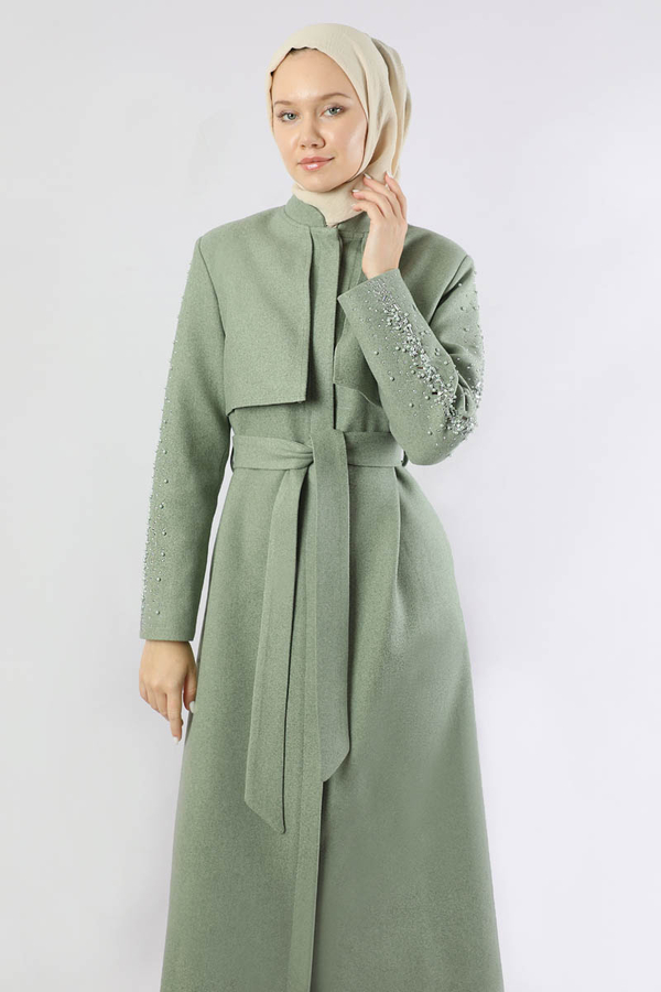 Rüzgarlık Detaylı Taşlı Kaban Mint - 2