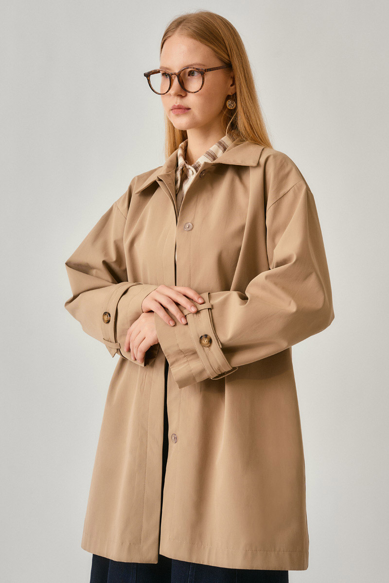 Short Trench Coat with Dropped Shoulders Beige