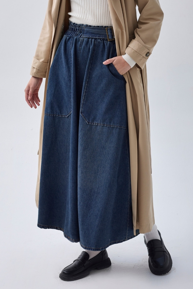 Side-Buckled Denim Skirt – Blue