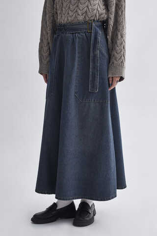 Side-Buckled Denim Skirt – Dark Blue - 2