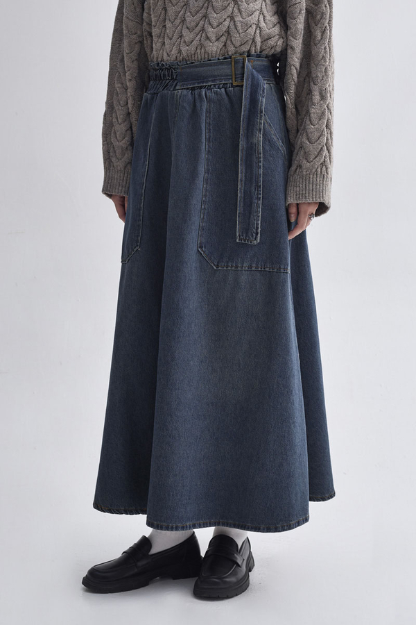 Side-Buckled Denim Skirt – Dark Blue - 2