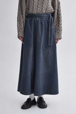 Side-Buckled Denim Skirt – Dark Blue - 5