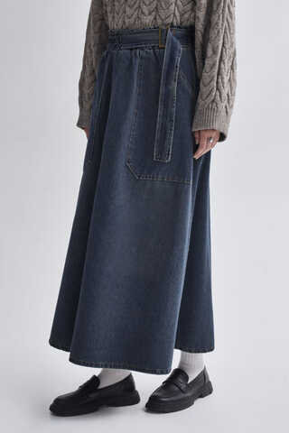 Side-Buckled Denim Skirt – Dark Blue - 4