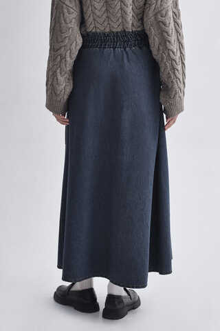 Side-Buckled Denim Skirt – Dark Blue - 7