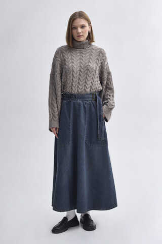 Side-Buckled Denim Skirt – Dark Blue - 1