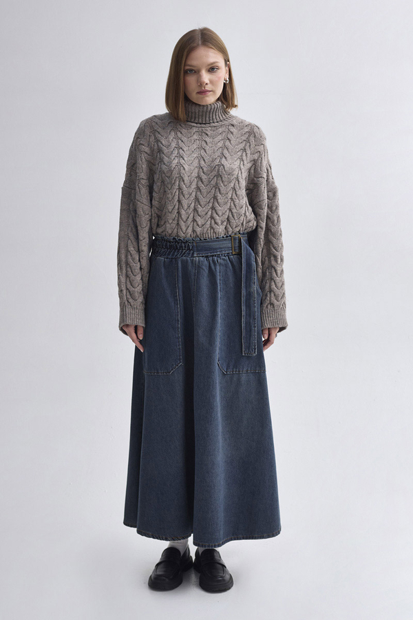 Side-Buckled Denim Skirt – Dark Blue - 3