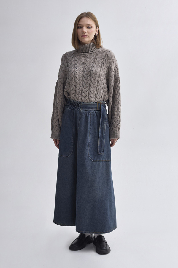 Side-Buckled Denim Skirt – Dark Blue - 6