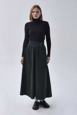 Side-Buckled Denim Skirt Dark Tint Green - 12