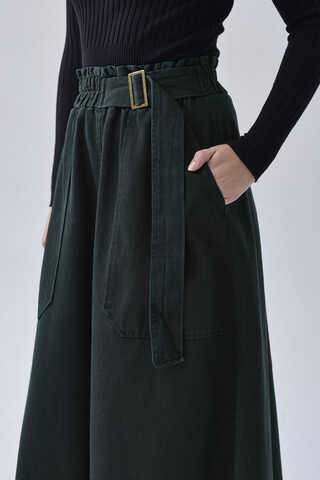 Side-Buckled Denim Skirt Dark Tint Green - 14