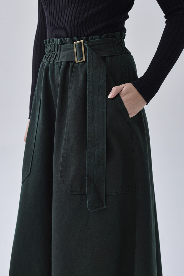 Side-Buckled Denim Skirt Dark Tint Green - 14