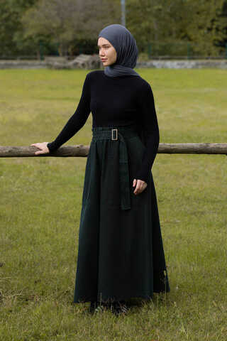 Side-Buckled Denim Skirt Dark Tint Green - 6