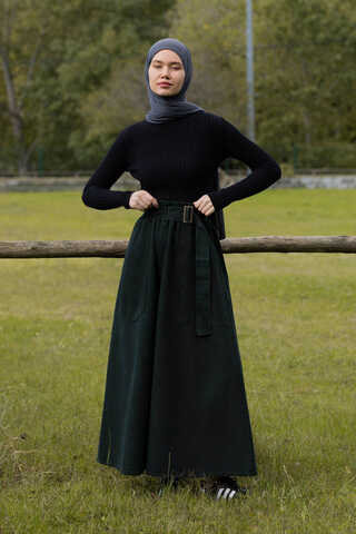 Side-Buckled Denim Skirt Dark Tint Green - 7