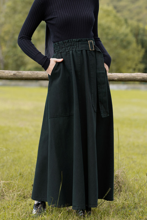 Side-Buckled Denim Skirt Dark Tint Green - 4