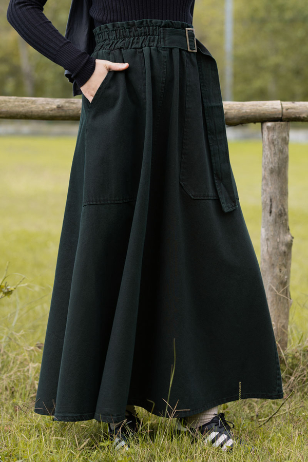 Side-Buckled Denim Skirt Dark Tint Green - 3