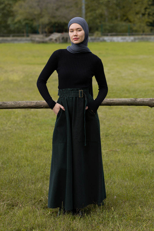 Side-Buckled Denim Skirt Dark Tint Green (1)