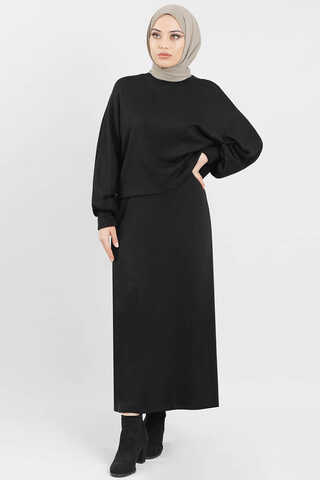 Skirted Wool Knitwear Suit Black - 1