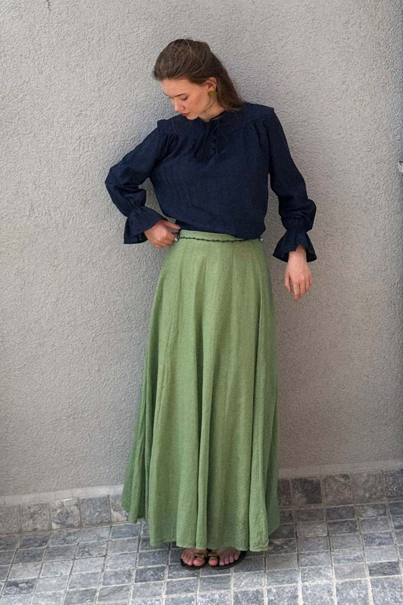 Soft Green Relaxed Skirt with Stitch Details