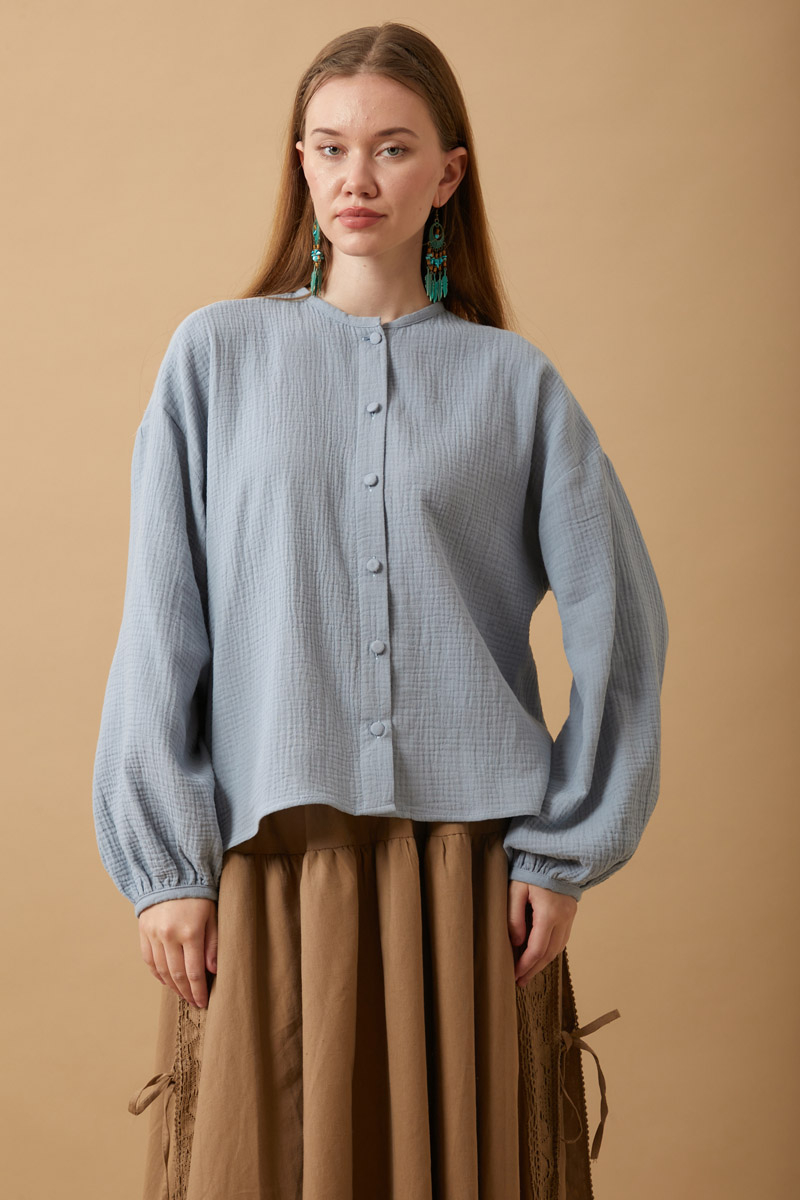 Stand Collar Muslin Shirt Baby Blue