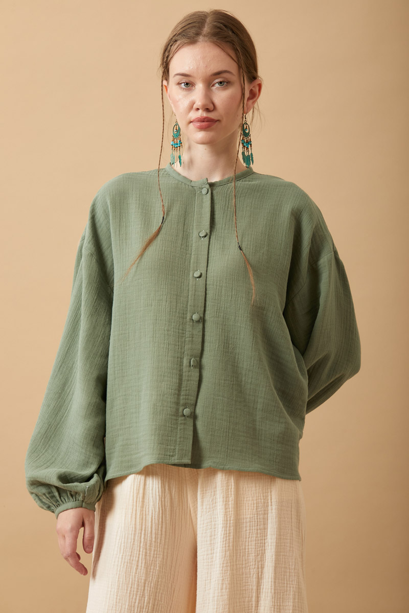 Stand Collar Muslin Shirt Dark Mint