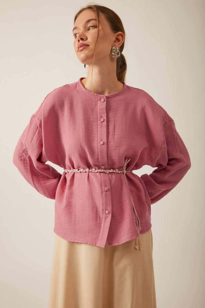 Stand Collar Muslin Shirt Pink