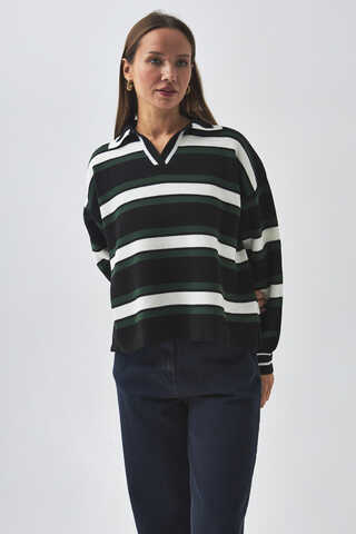 Striped Polo Sweater Black - 6