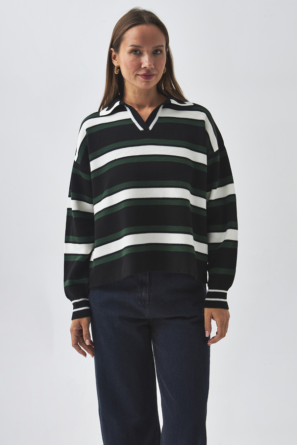 Striped Polo Sweater Black
