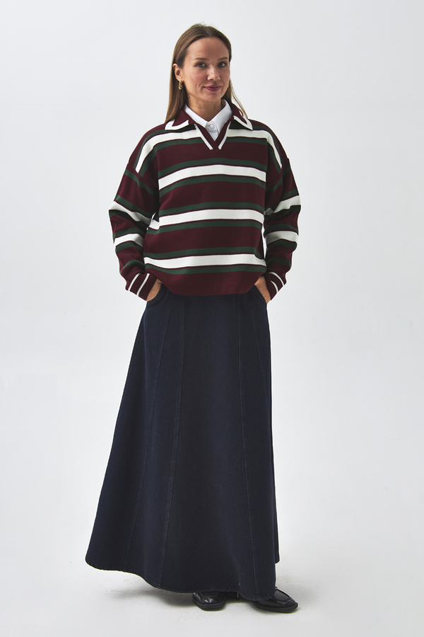 Striped Polo Sweater Burgundy - 2