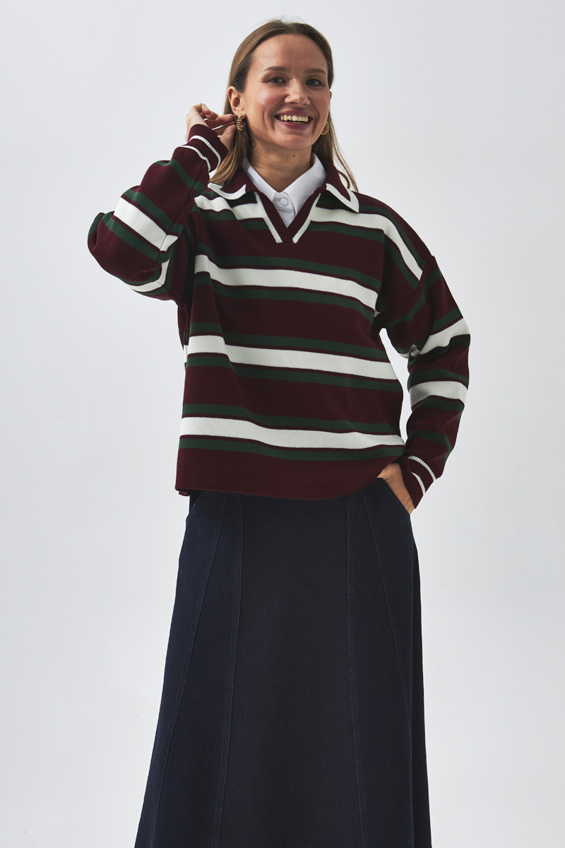 Striped Polo Sweater Burgundy