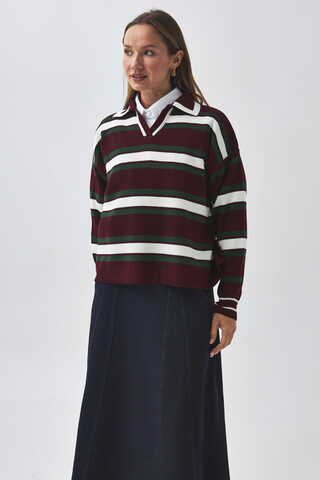 Striped Polo Sweater Burgundy - 5