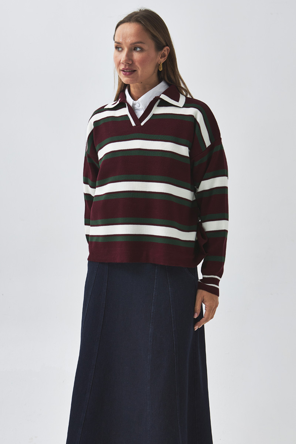 Striped Polo Sweater Burgundy - 5