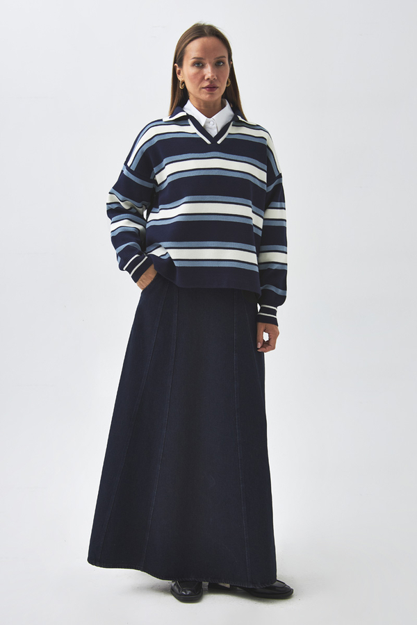 Striped Polo Sweater Navy - 3