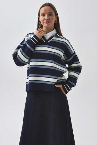 Striped Polo Sweater Navy - 5