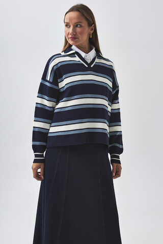 Striped Polo Sweater Navy - 6