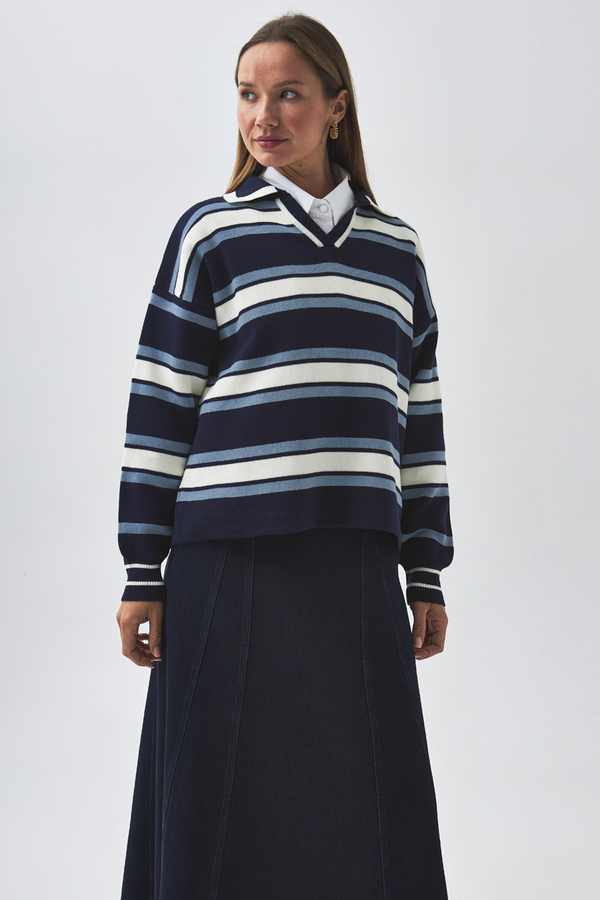 Striped Polo Sweater Navy - 6