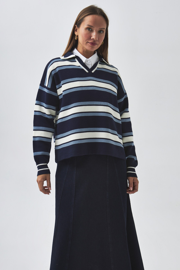 Striped Polo Sweater Navy - 7