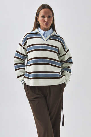 Striped Polo Sweater White - 1
