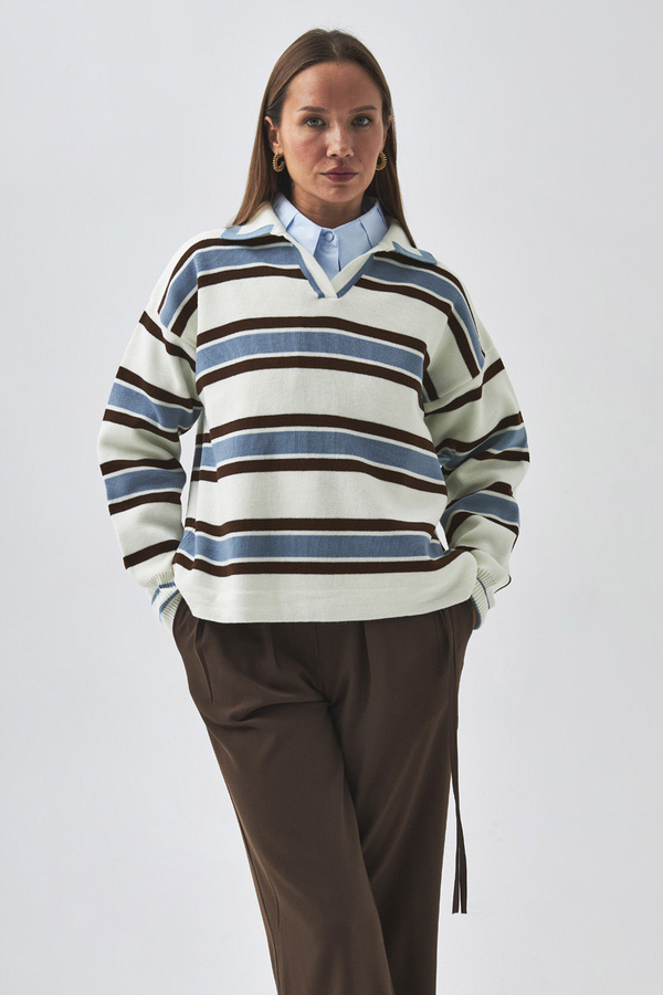 Striped Polo Sweater White - 1