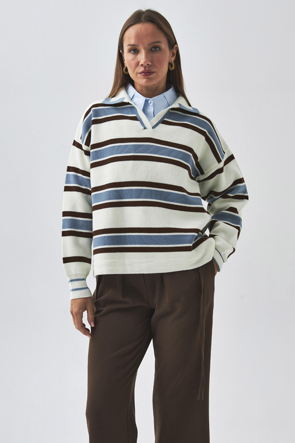 Striped Polo Sweater White - 4