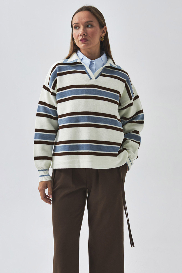 Striped Polo Sweater White - 5
