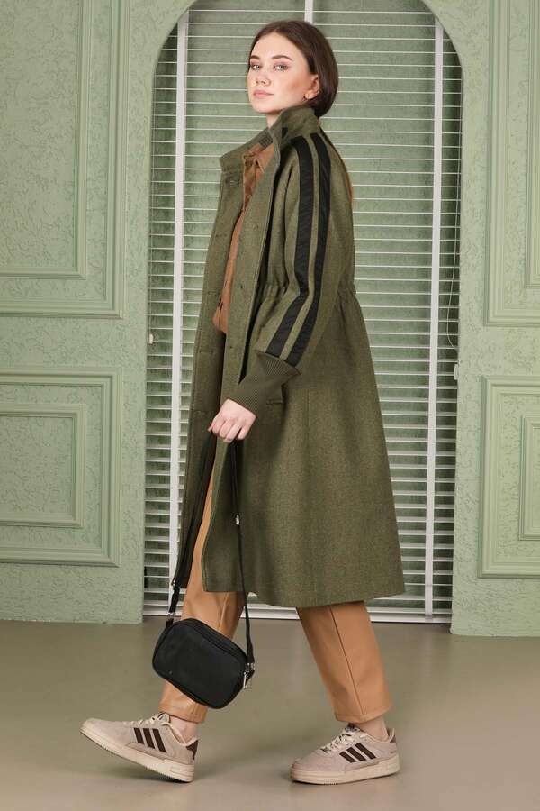 Striped Sleeve Stamp Coat Khaki - 2
