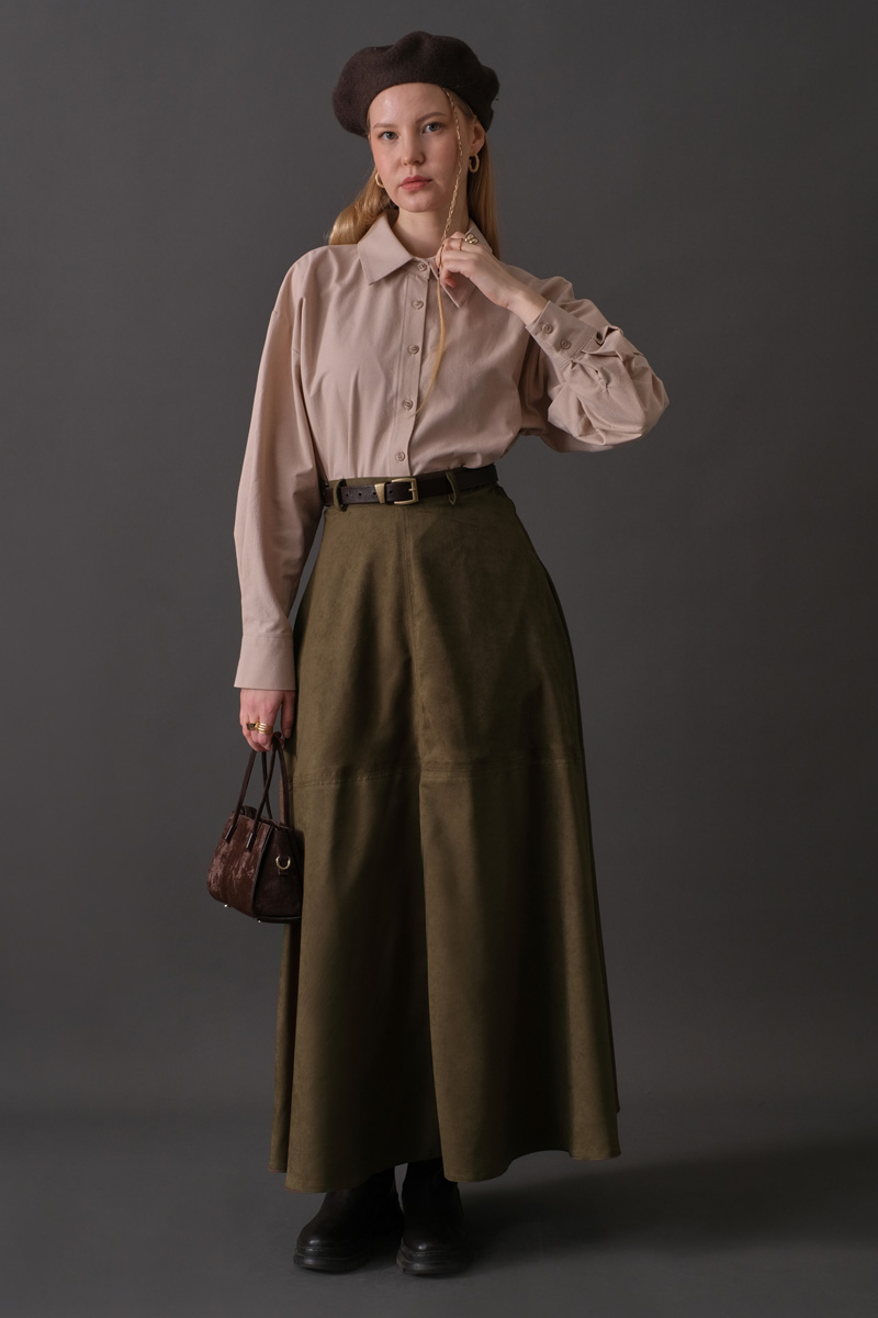 Suede Panel Skirt Khaki