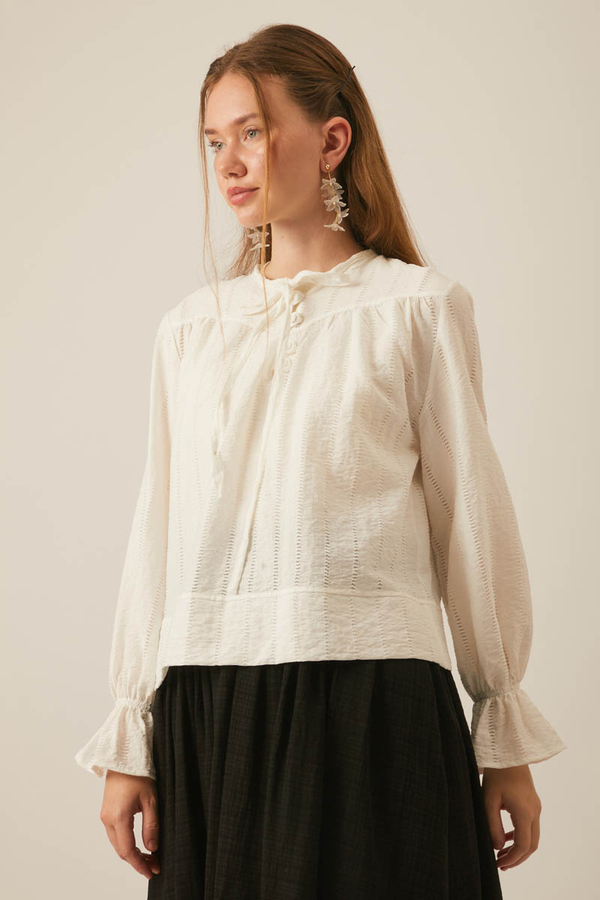 Textured Stripe Blouse White - 2