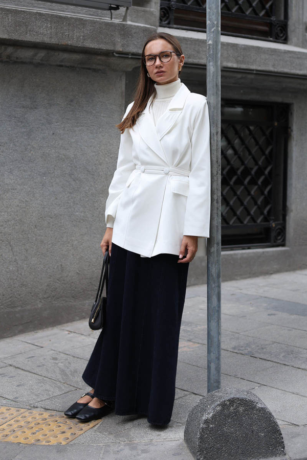 Tie Detail Blazer Jacket White - 2