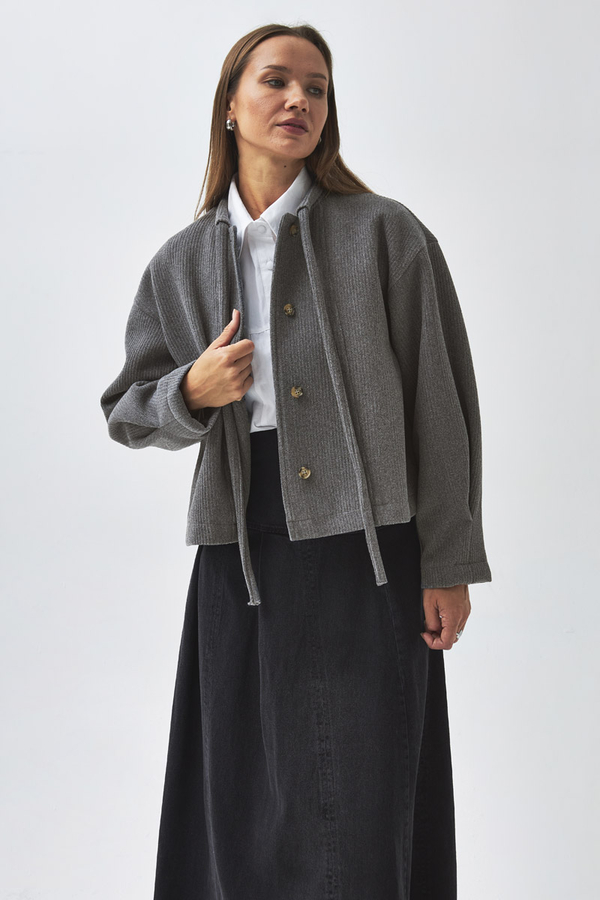 Tie Neck Short Jacket Grey - 1