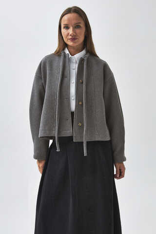 Tie Neck Short Jacket Grey - 10