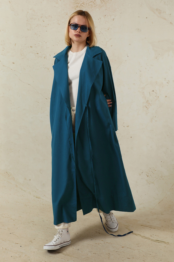 Tie-Waist Linen Trench Coat Indigo - 2